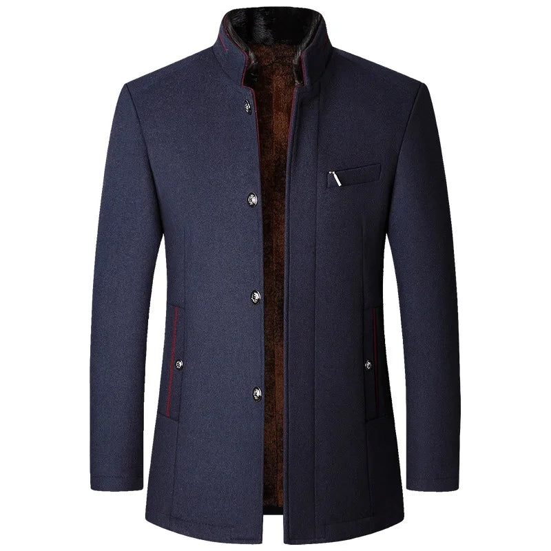Navy blue coat with brown lining on a white background