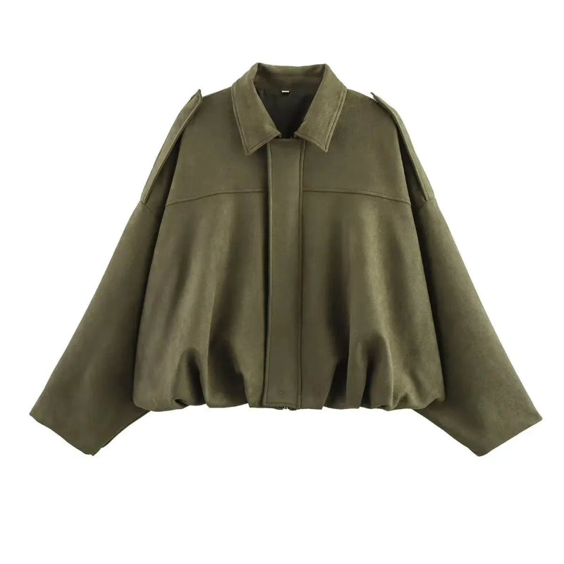 Women’s Oversized Suede Bomber – Trendy Green Jacket for Autumn & Winter - CasualFlowshop