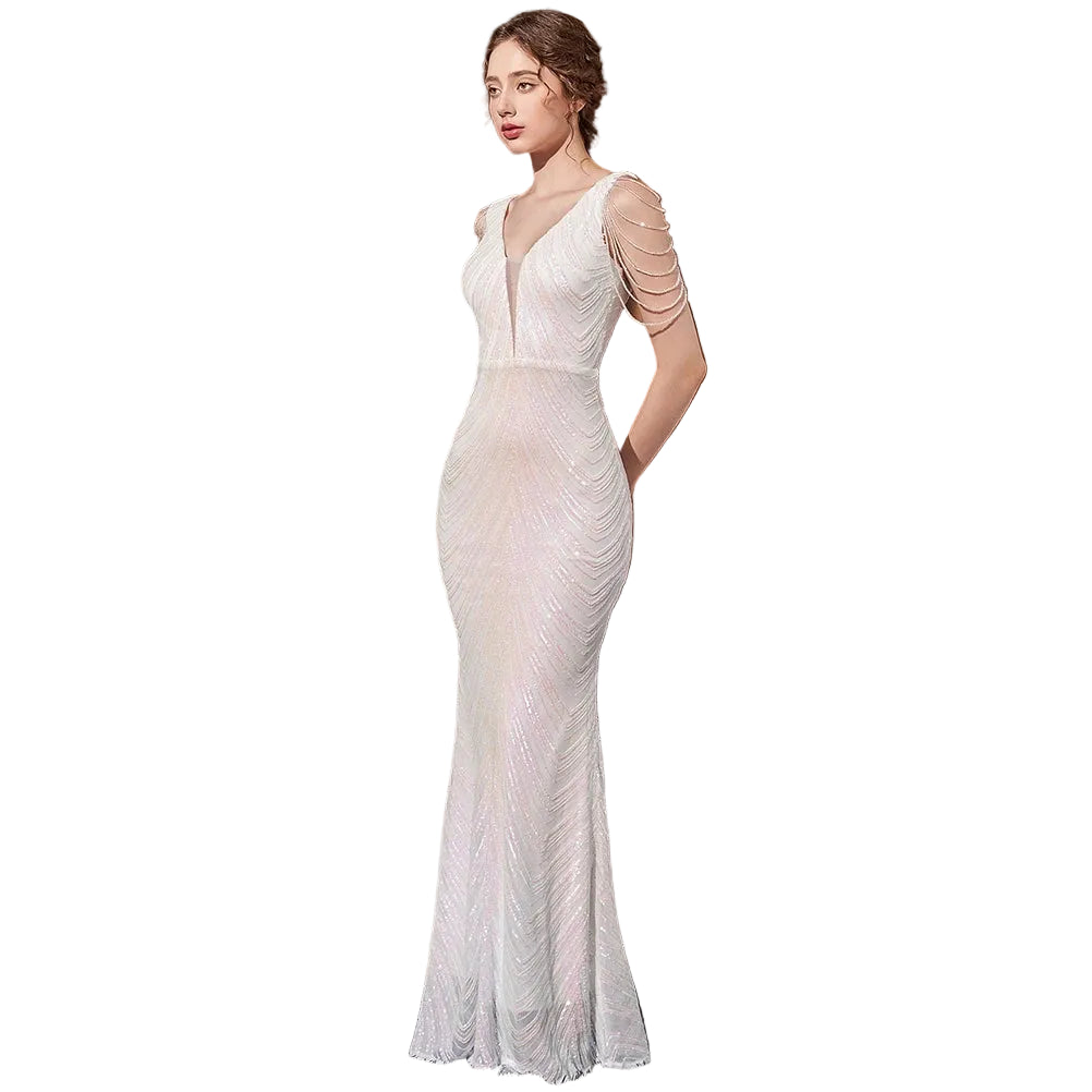 Women's black sequin mermaid evening dress with deep V-neckline, sleeveless, geometric beading pattern – formal party gown