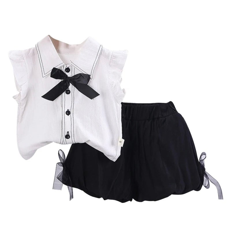 Adorable toddler girl 2-piece outfit with a bow top, flying sleeves, and matching shorts. Perfect for ages 0-4.