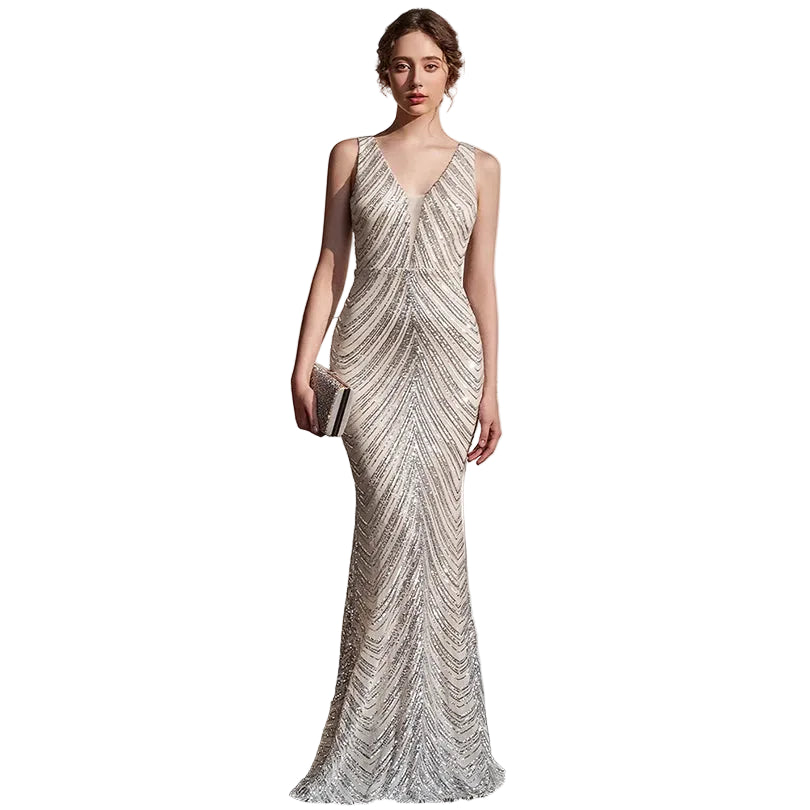 Women's white with beads sequin mermaid evening dress with V-neckline – formal wedding guest and special occasion gown