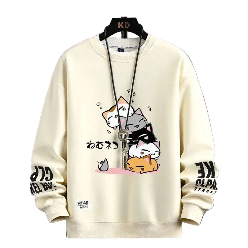 Kawaii Cat Sweater Men – Japanese Cartoon Print Pullover - CasualFlowshop