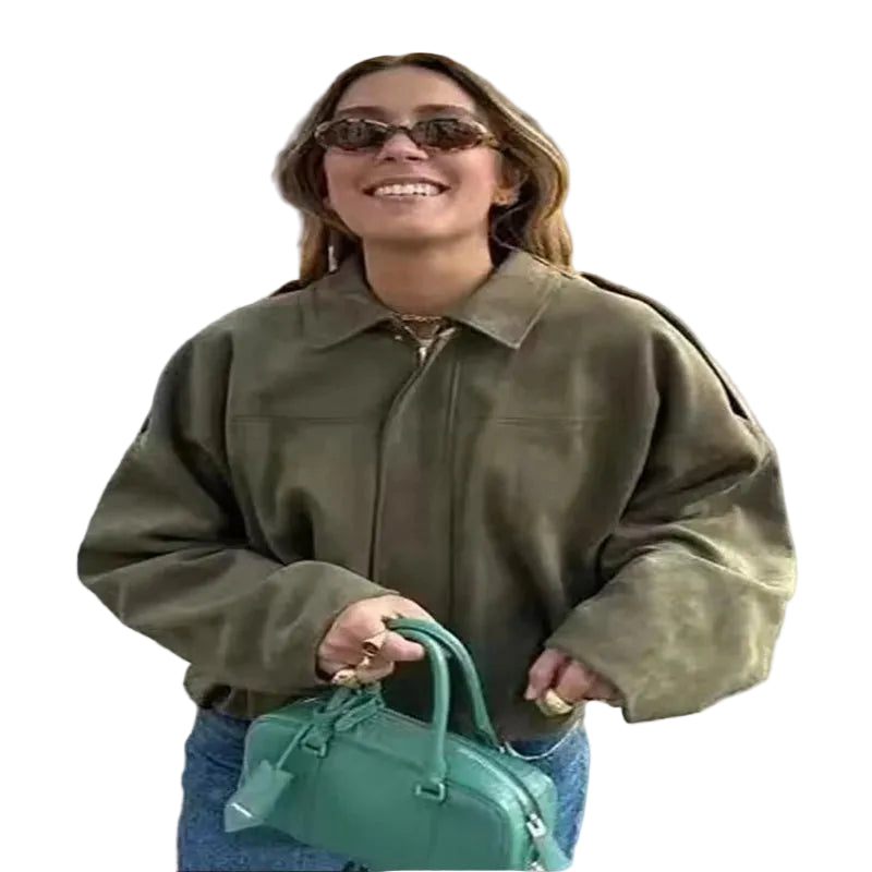 Women’s Oversized Suede Bomber – Trendy Green Jacket for Autumn & Winter - CasualFlowshop
