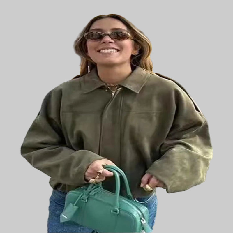 Women’s Oversized Suede Bomber – Trendy Green Jacket for Autumn & Winter - CasualFlowshop