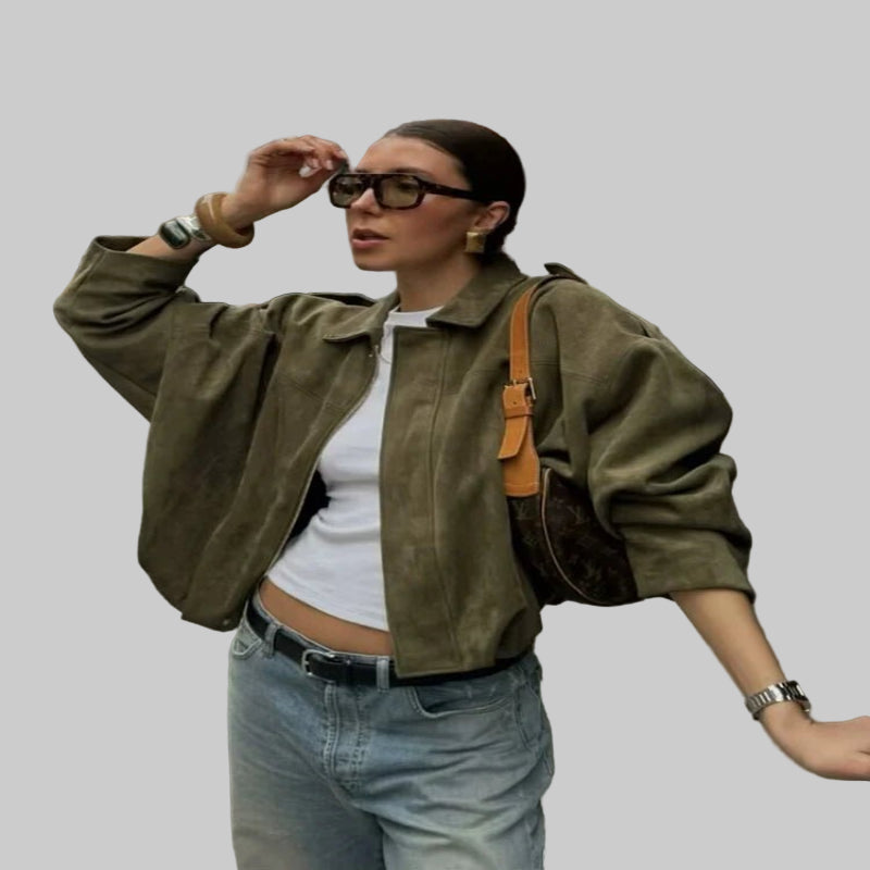 Women’s Oversized Suede Bomber – Trendy Green Jacket for Autumn & Winter - CasualFlowshop
