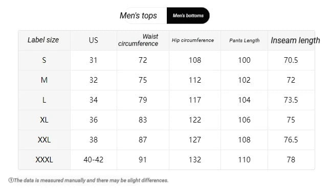 A size chart table for men's tops and bottoms, showing label sizes S through XXXL with US, waist circumference, hip circumference, pants length, and inseam length.