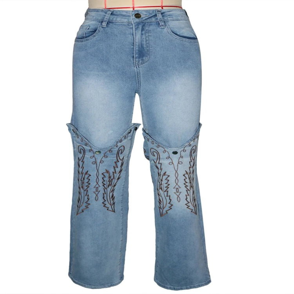 Women's straight leg high waist jeans side view light blue embroidered denim