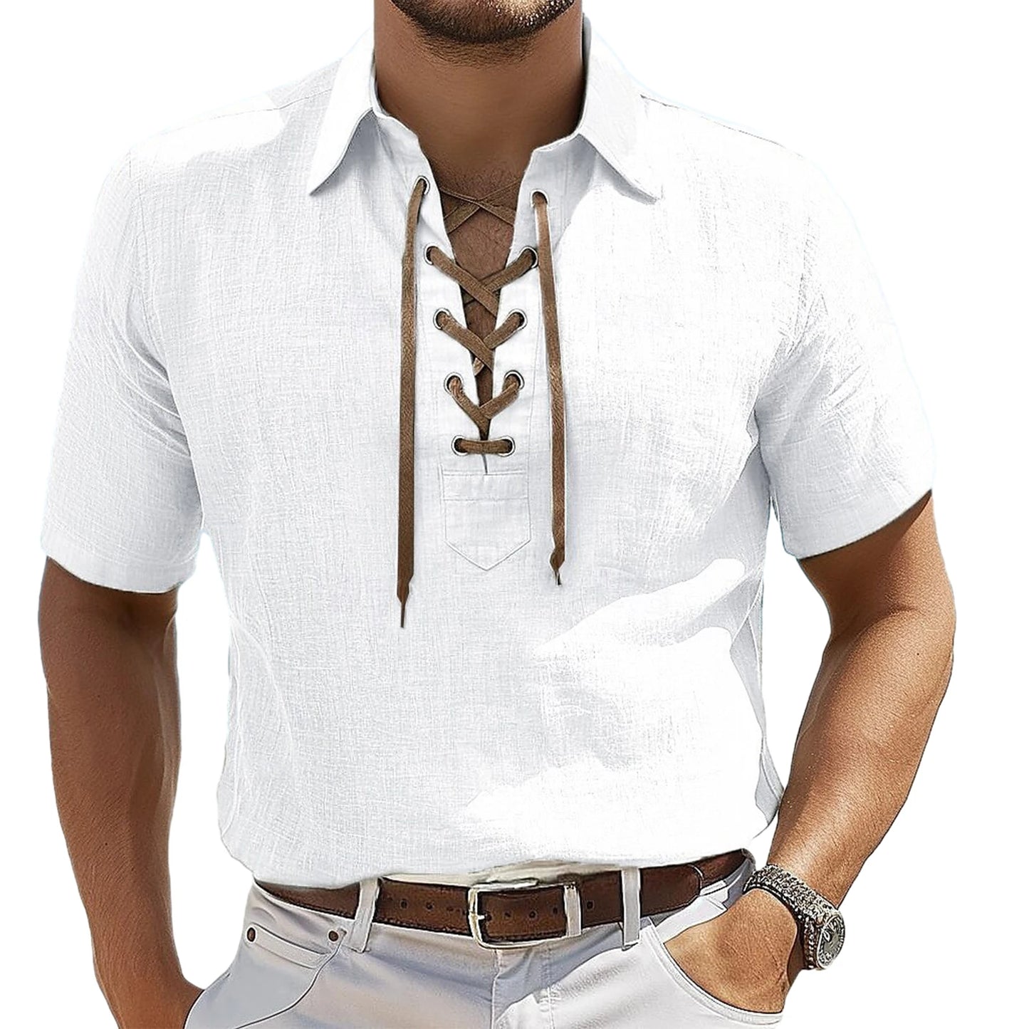 Men's Lace-Up V-Neck Tee - White - Summer Casual Top