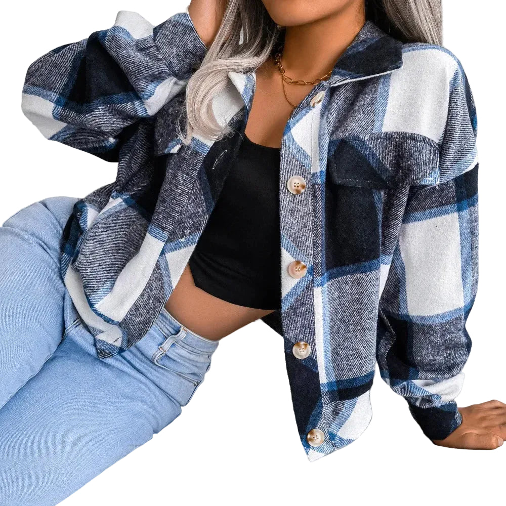 Women's Slim Wool Plaid Coat with a white background