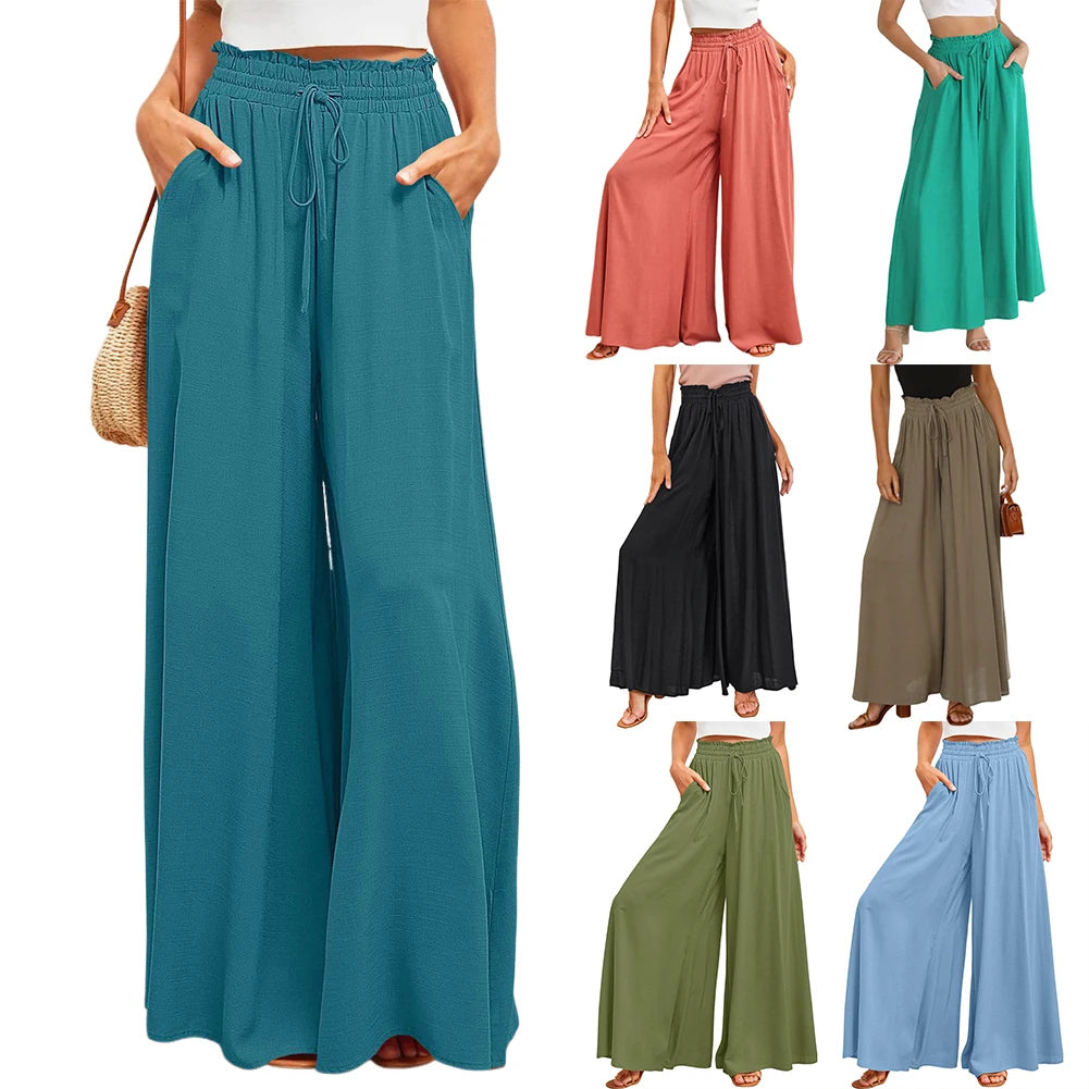Teal wide-leg pants with a person wearing them, surrounded by other colors of wide-leg pants on a white background.