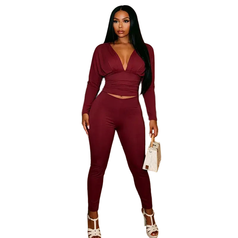 V-Neck Pleated Two-Piece Set at casual Flow Shop