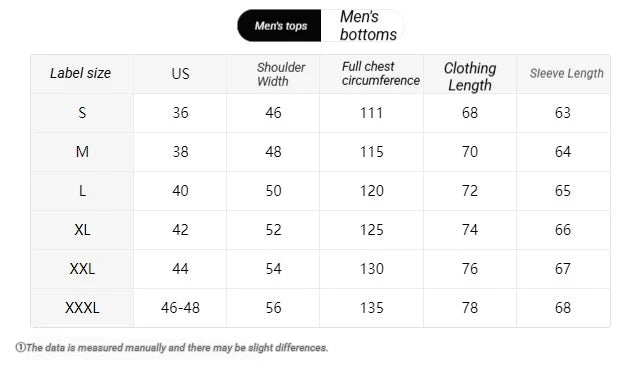 A size chart table for men's tops and bottoms, showing label sizes S through XXXL with measurements for US, shoulder width, full chest circumference, clothing length, and sleeve length.