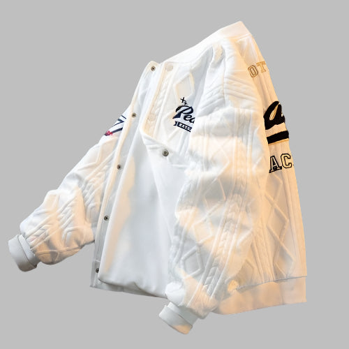 White cable-knit varsity jacket for kids – soft, warm, and stylish outerwear with ribbed cuffs and embroidered patches