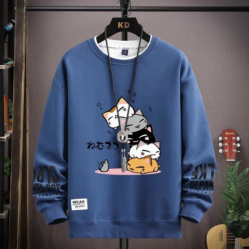 Kawaii Cat Sweater Men – Japanese Cartoon Print Pullover - CasualFlowshop