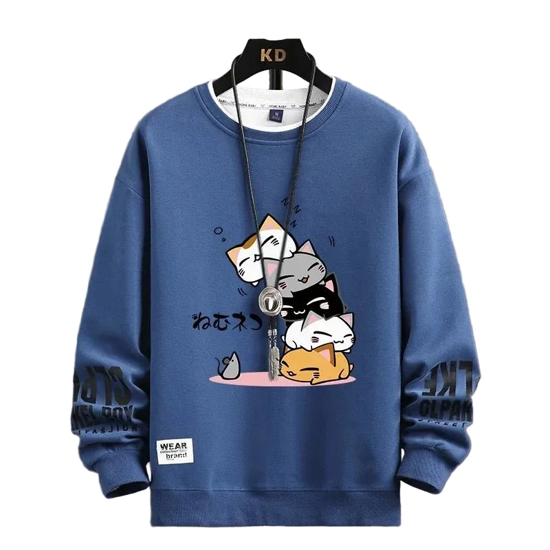 Kawaii Cat Sweater Men – Japanese Cartoon Print Pullover - CasualFlowshop