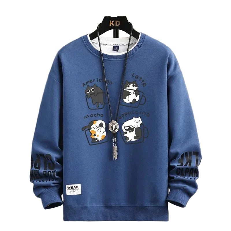 Kawaii Cat Sweater Men – Japanese Cartoon Print Pullover - CasualFlowshop