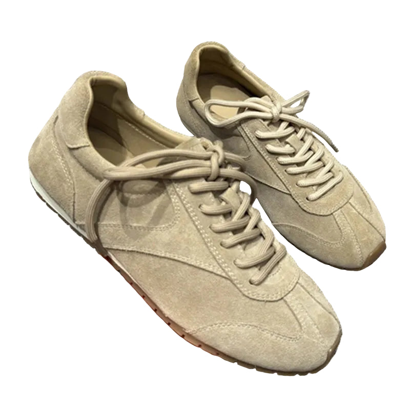 Women's beige suede sneakers with patchwork design and lace-up closure