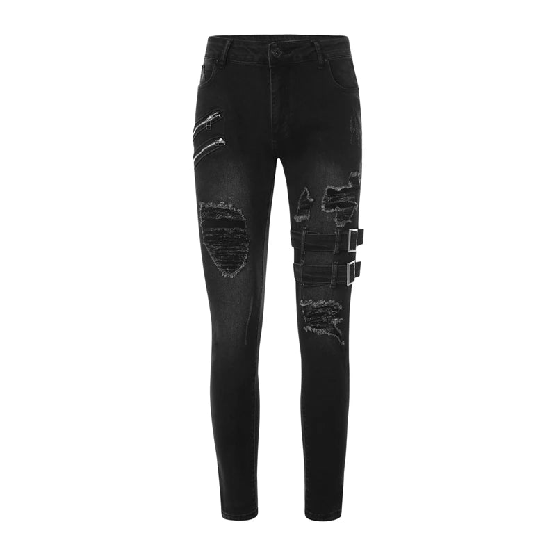 Men's Harajuku Techwear Skinny Jeans with Y2K punk design in black stretch denim