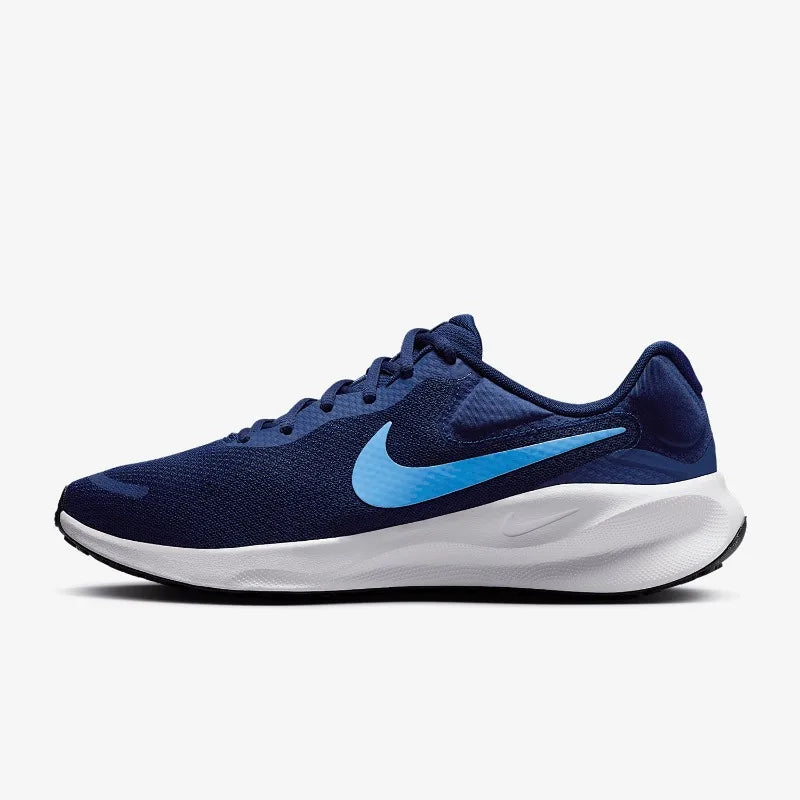 Men's navy blue Nike low-top sneakers with turquoise Swoosh and white midsoles, style FB2207-406.