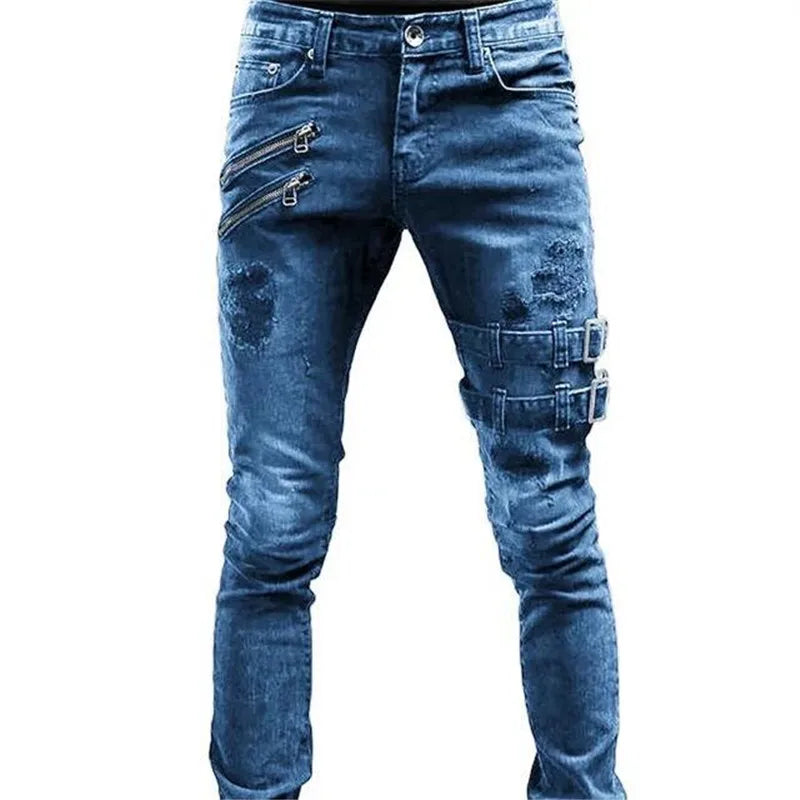 Blue distressed jeans with zippers on a white background