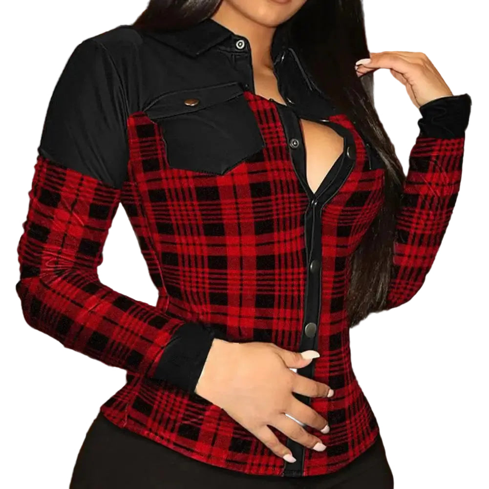 Women’s PU leather V-neck streetwear blouse in burgundy loose fit