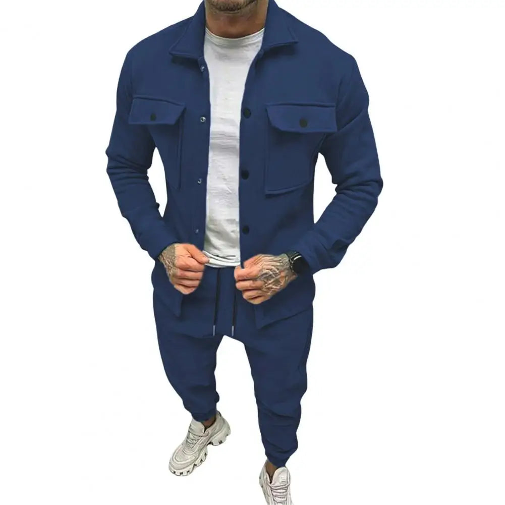 Men's 2-Piece Casual Sports Suit – Navy Blue Lapel Jacket & Drawstring Pants Set"