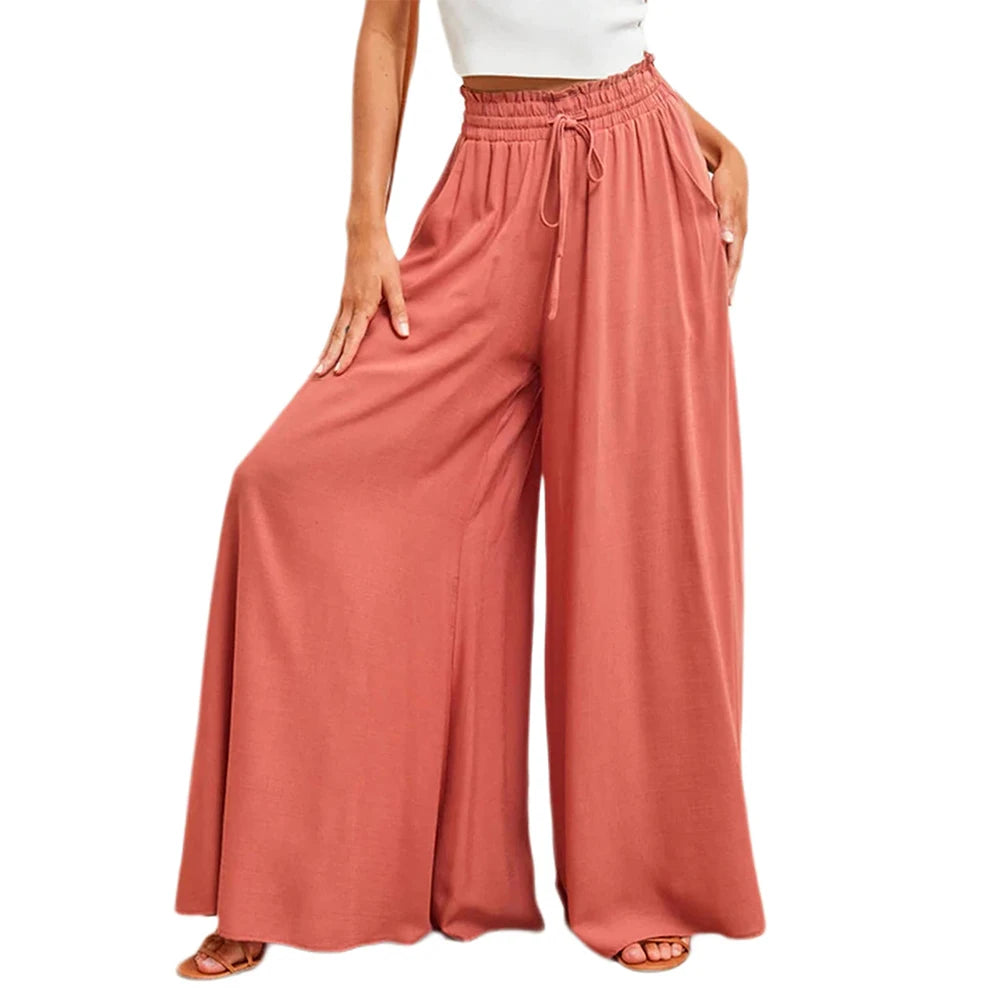 Wide-leg pants worn by a person on a white background