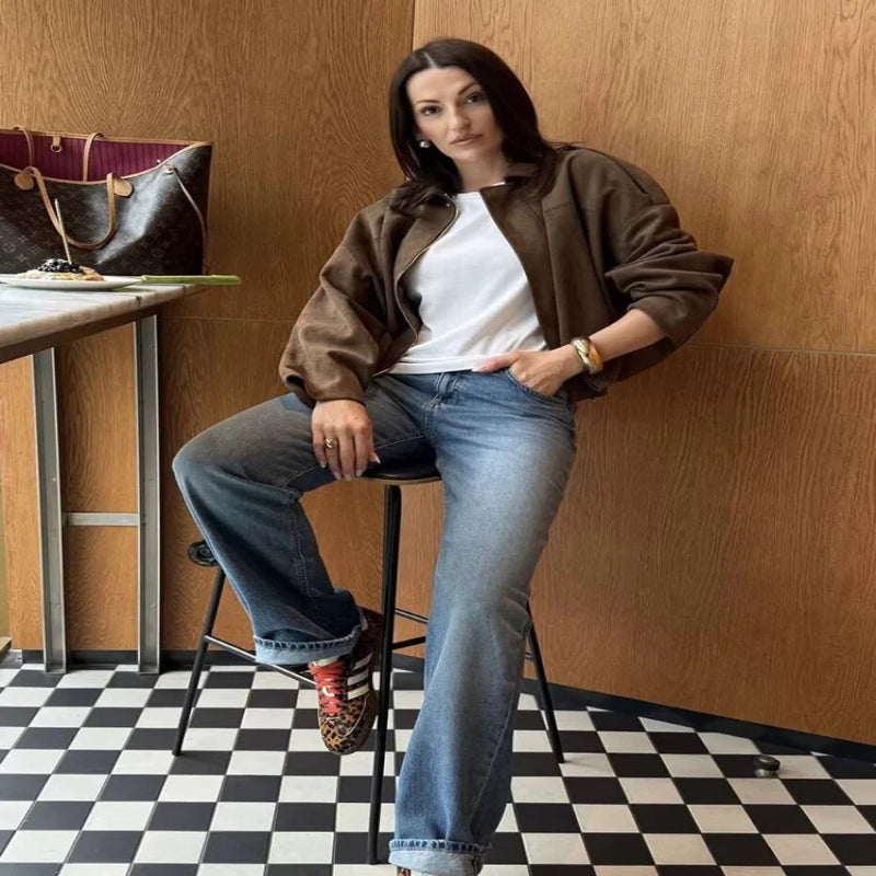 Women’s Oversized Suede Bomber – Trendy Green Jacket for Autumn & Winter - CasualFlowshop