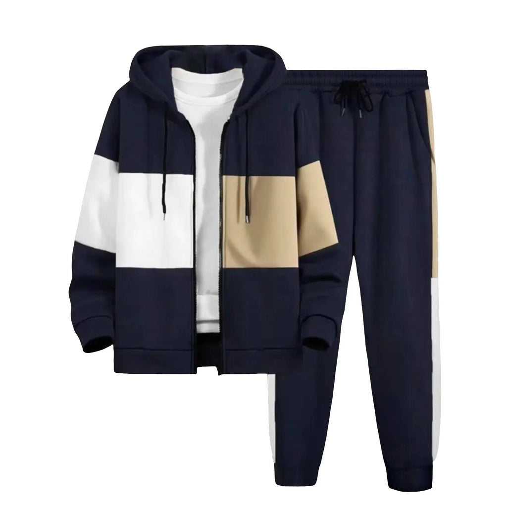 Men’s plus size two-piece tracksuit set in navy and beige color block design