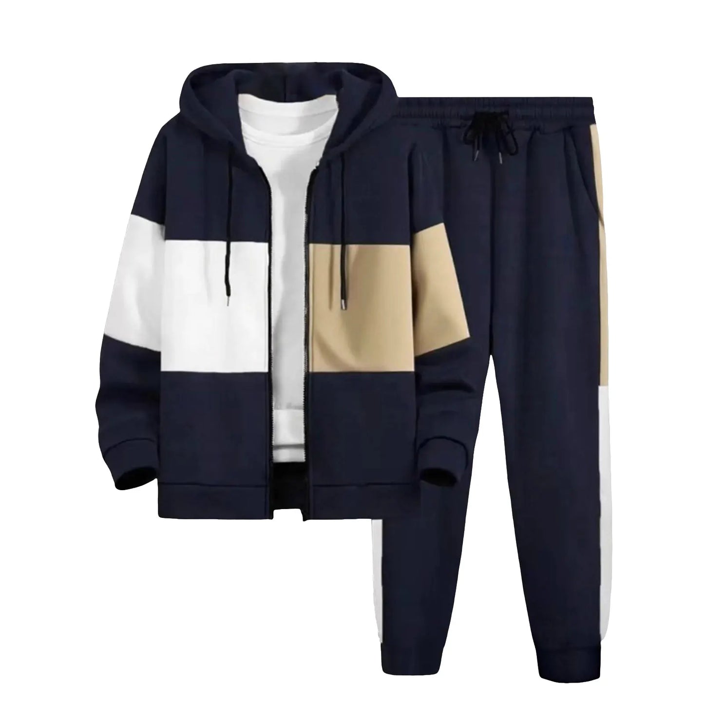 Men’s plus size two-piece tracksuit set in navy and beige color block design