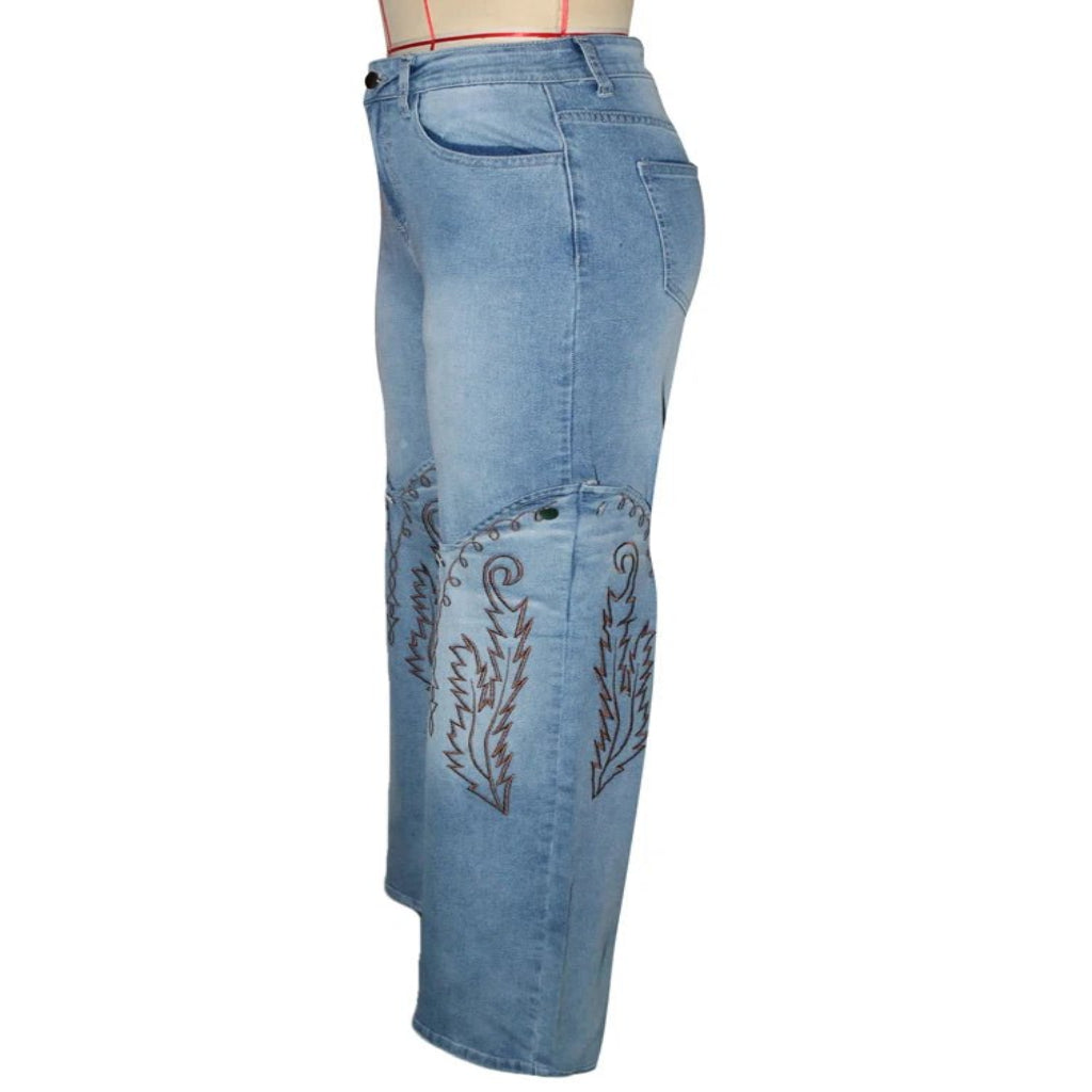 Vintage embroidered detail on high waist straight leg jeans for women