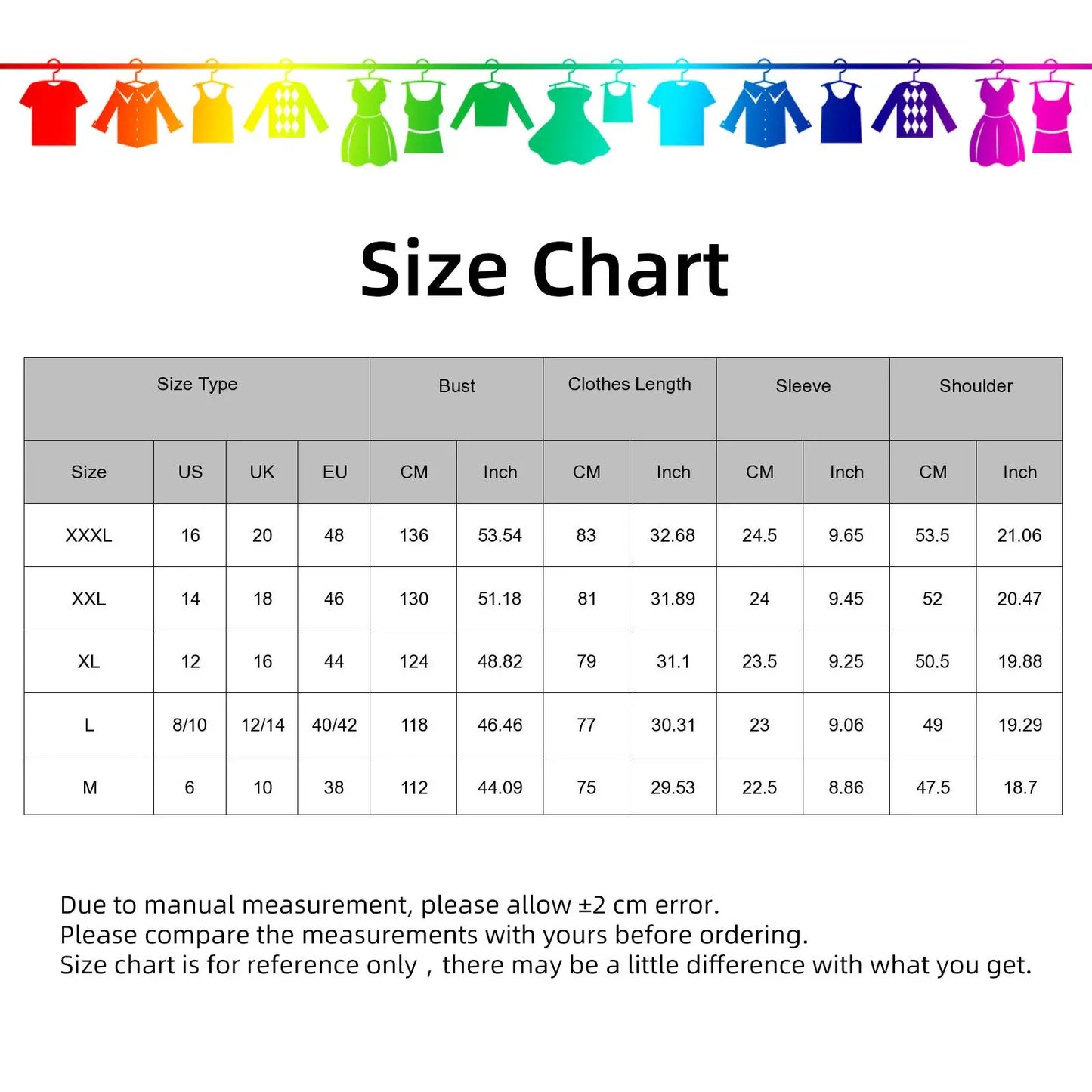 Size chart for clothing with color-coded garments at the top