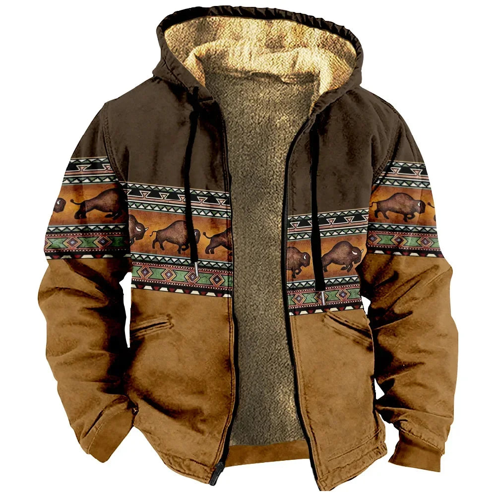 Men's Random Print Hooded Polyester Coat – Color 4 – CasualFlowshop