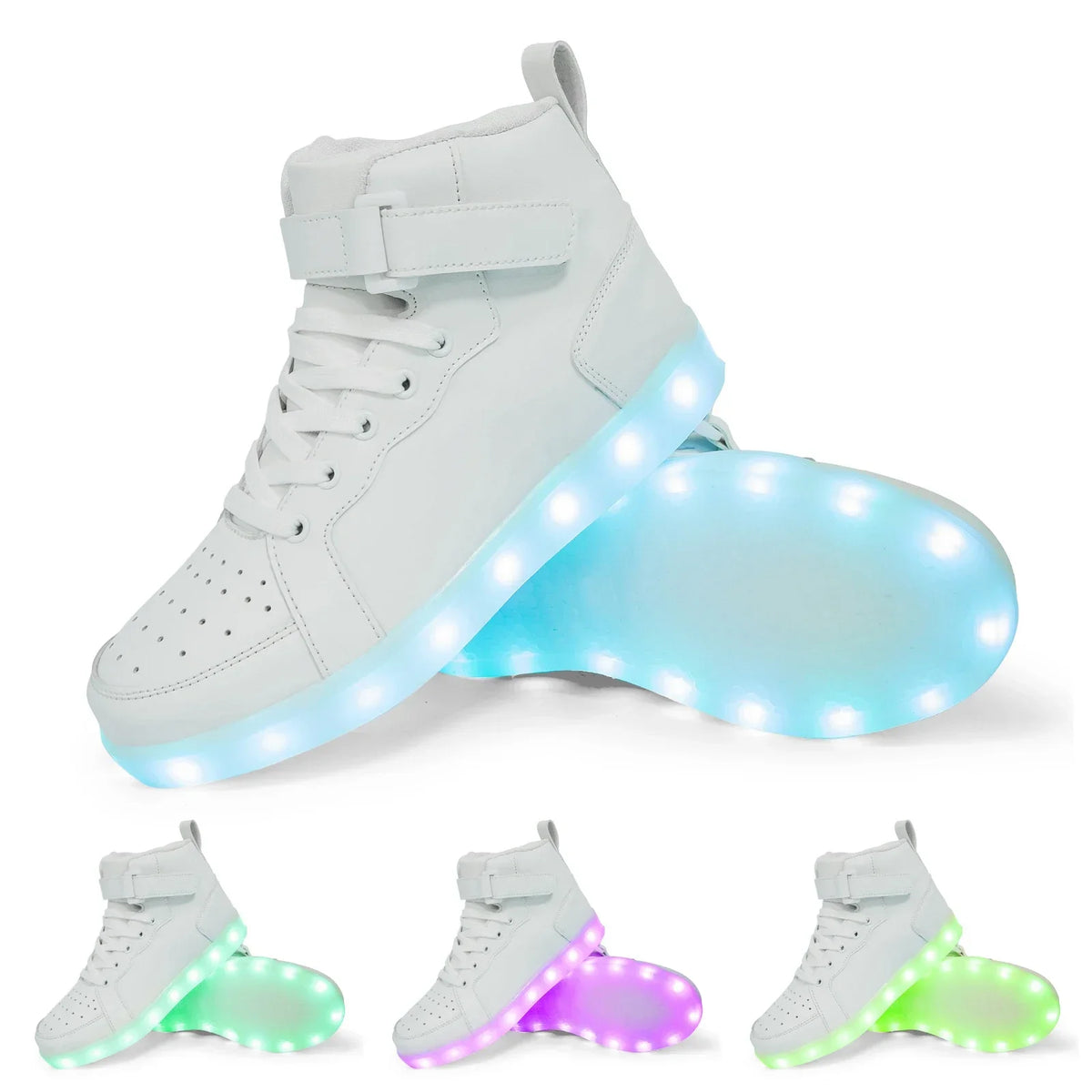 Kids’ LED high-top sneakers with light-up soles, laces, and an adjustable ankle strap.