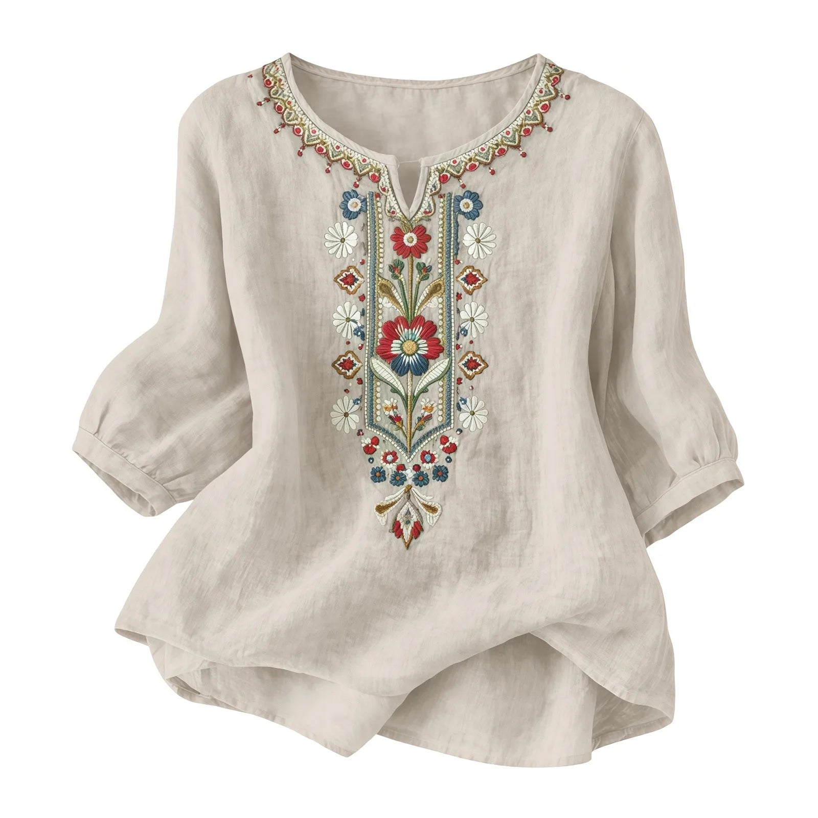 Beige Ukrainian Folk Print Blouse