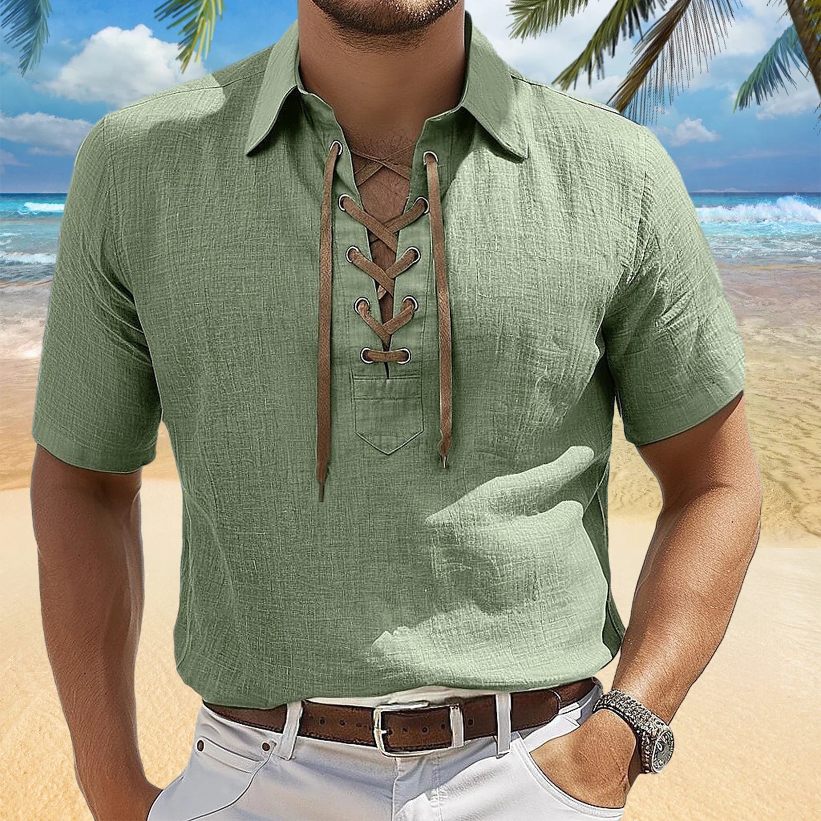 Men's Lace-Up V-Neck Tee - Green - Summer Casual Top