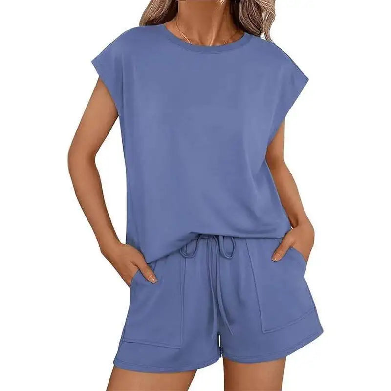 Blue outfit with top and shorts on a white background