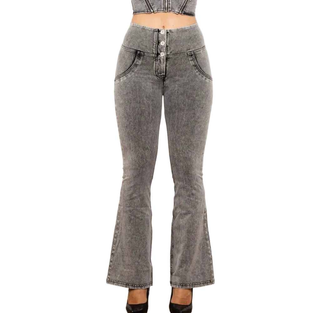 women’s high waisted shaping flare jeans grey stretch denim fit