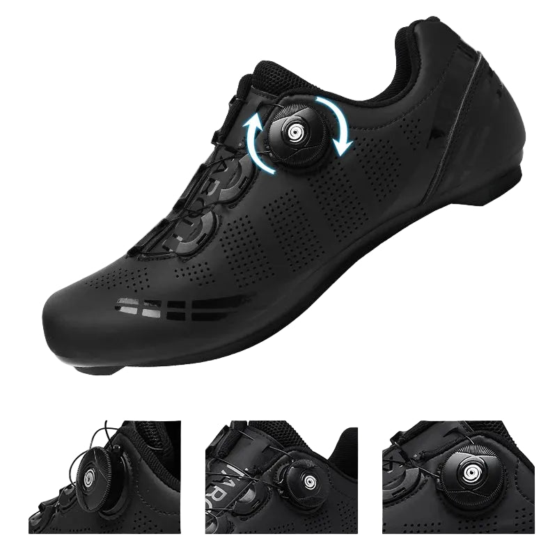 Black cycling shoe with rotary buckle feature on a light gray background