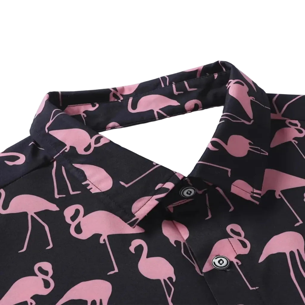 Men’s flamingo print short sleeve button-up shirt, lightweight casual summer shirt