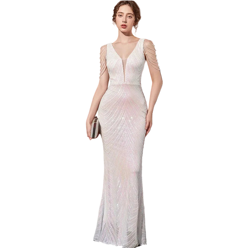 Women's champagne silver sequin mermaid evening dress with deep V-neckline, sleeveless, diagonal beading pattern – formal party