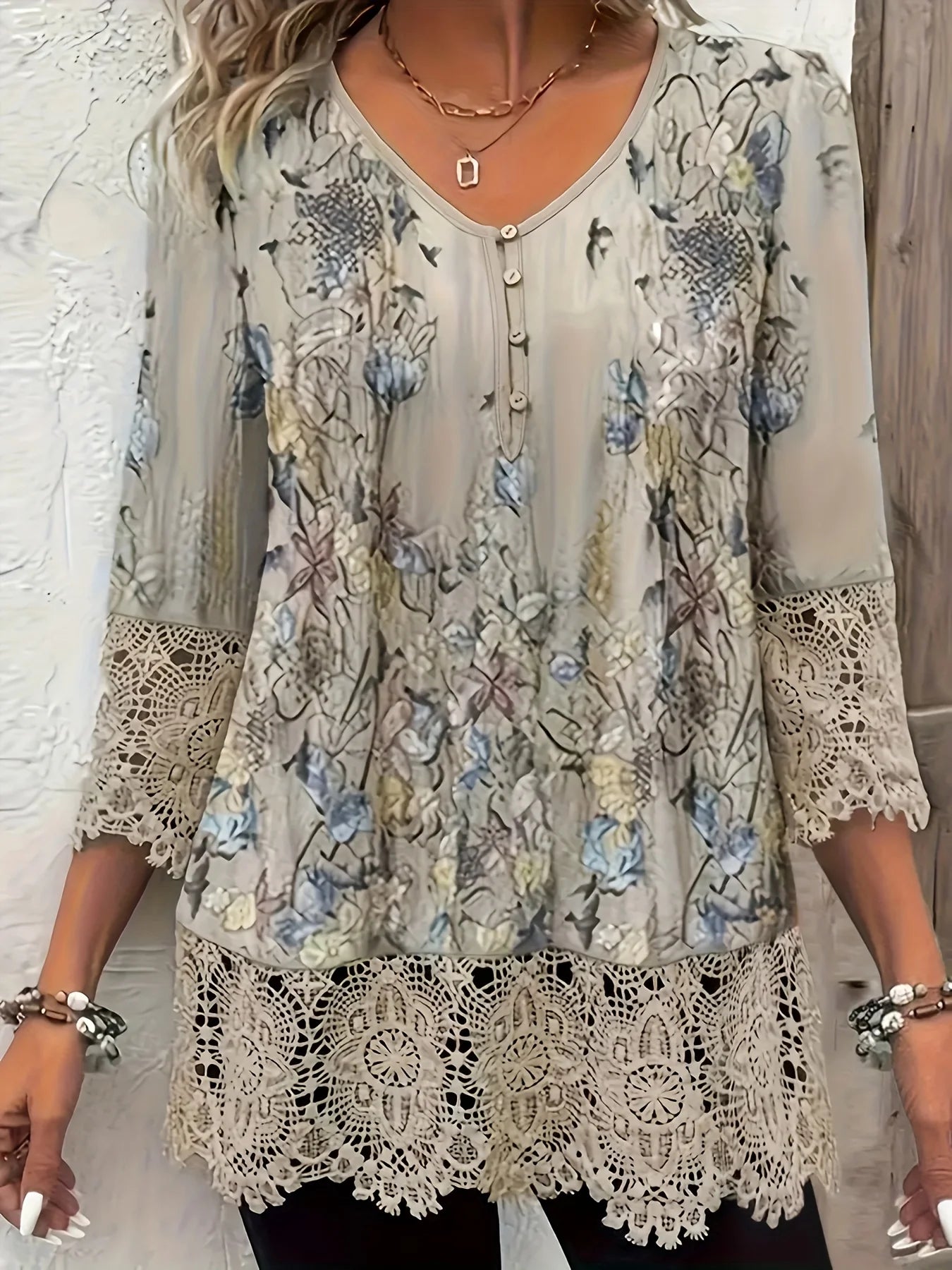 CasualFlowshop Boho Floral Lace Blouse - Dreamy V-Neck Top - CasualFlowshop
