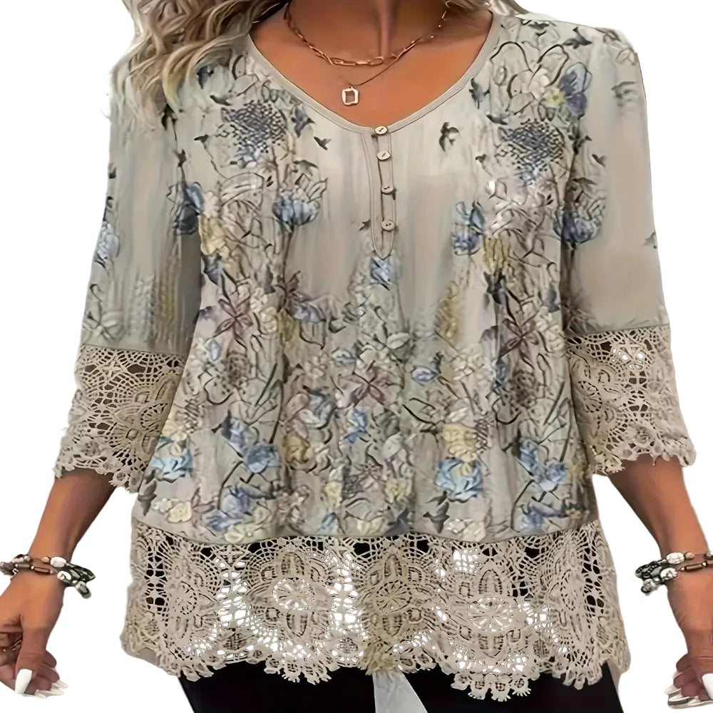CasualFlowshop Boho Floral Lace Blouse - Dreamy V-Neck Top - CasualFlowshop