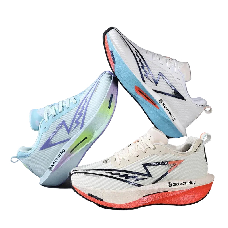 Three running shoes with colorful designs on a gray background