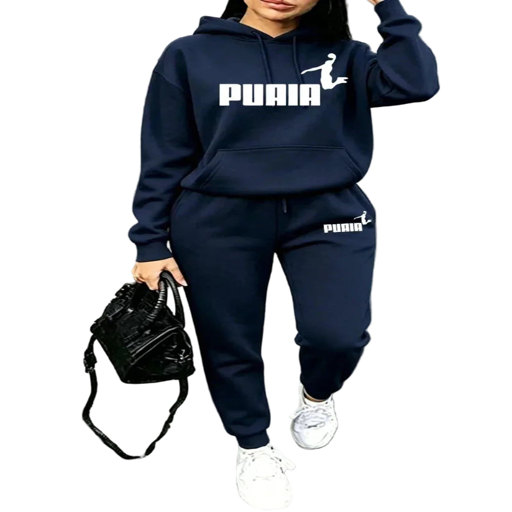 Navy blue letter print tracksuit set – unisex hoodie and jogger pants