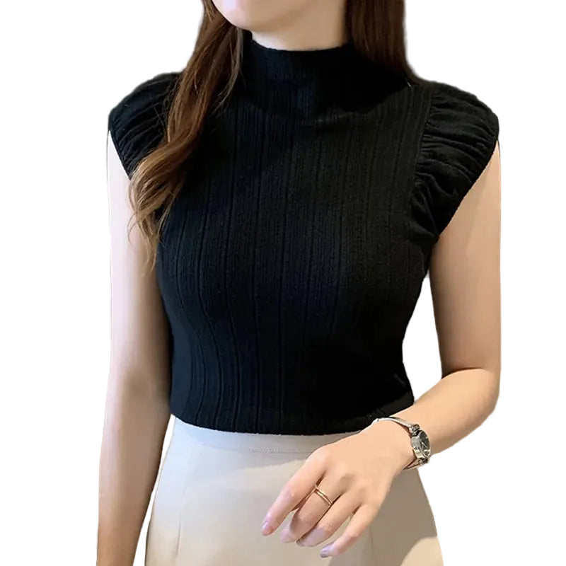 woman wearing ribbed high neck sleeveless tank top brown slim fit