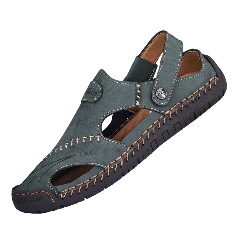 Men's breathable leather summer sandals in green – antiskid beach outdoor shoes