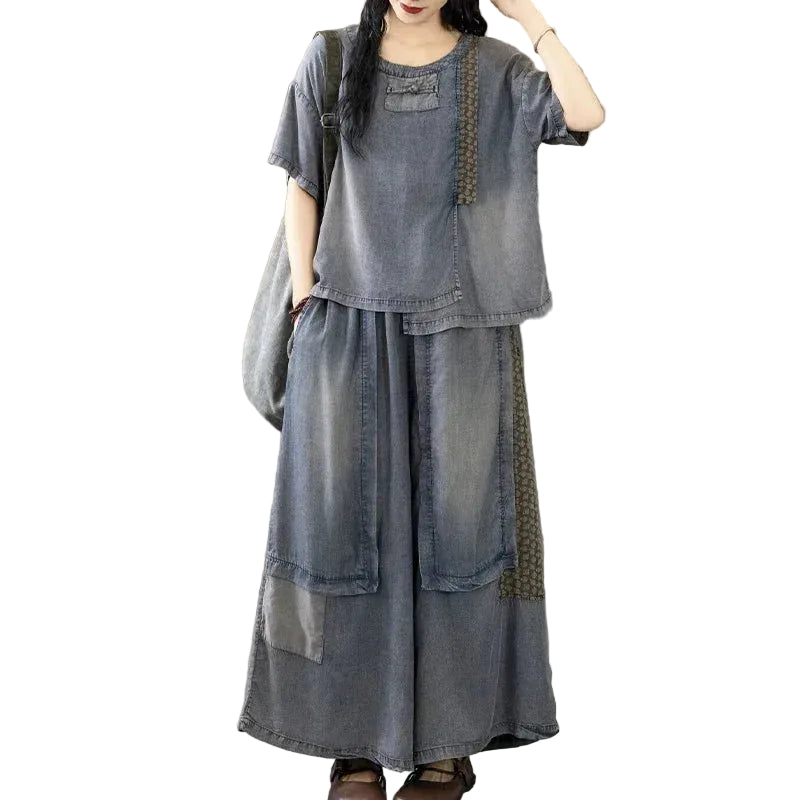 Vintage Two-Piece Set in Blue – Relaxed O-Neck Top & Wide Leg Jeans for Women