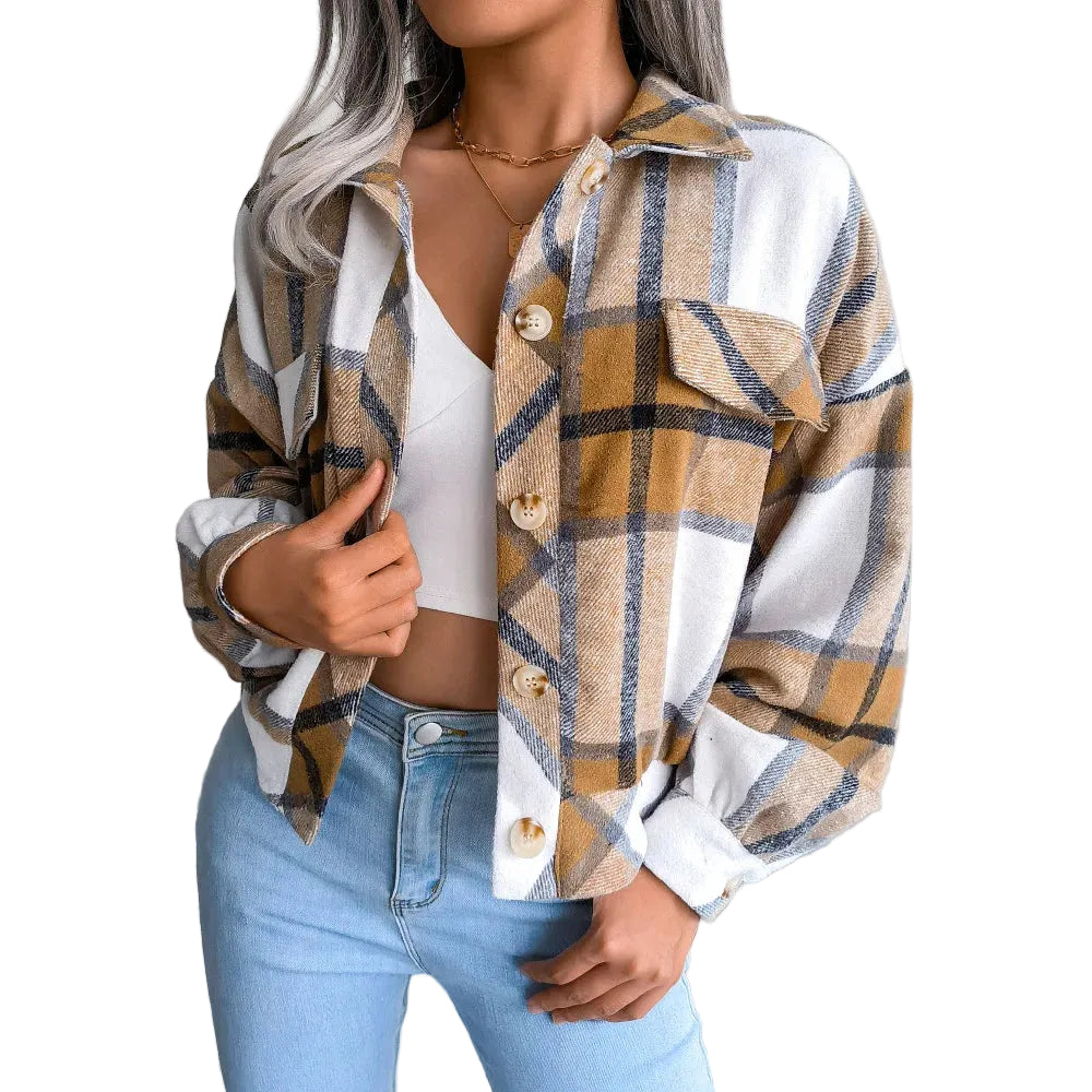 Women's slim wool plaid coat in green tones, stylish winter jacket for casual outfits