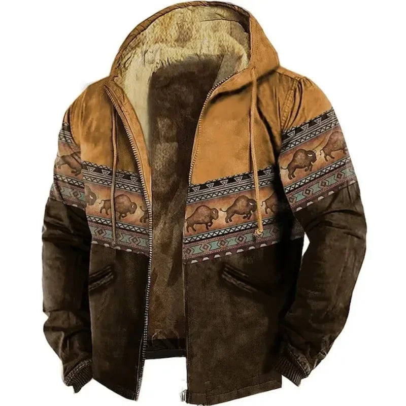 Men's Random Print Hooded Polyester Coat – Color 2 – CasualFlowshop